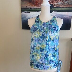 Monet Van Gogh Artsy Abstract Sleeveless Blouse Tuxedo Pleats Side Bow Keyhole